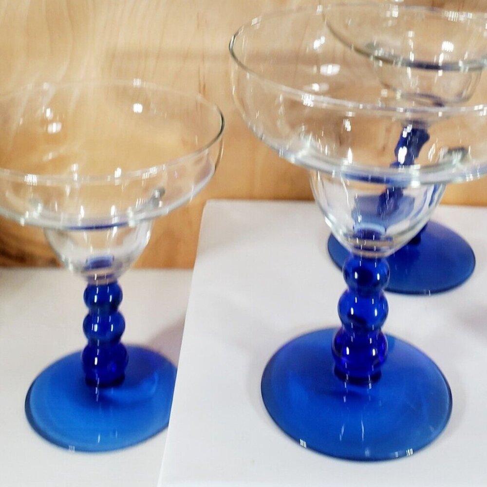 2 Libbey Metropolis Blue Margarita Glasses 6" bead ball cobalt stem